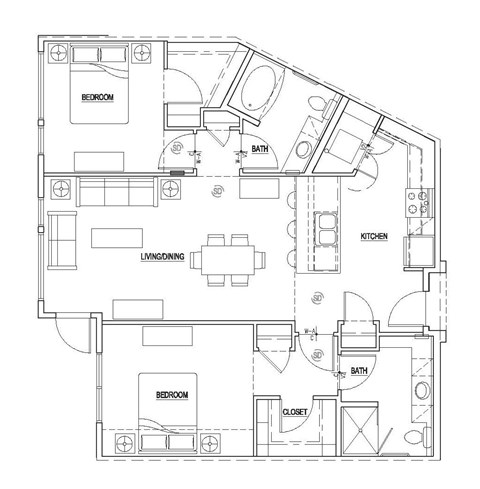 Floor plan for 2 beds, 2 baths, 1073 sqft